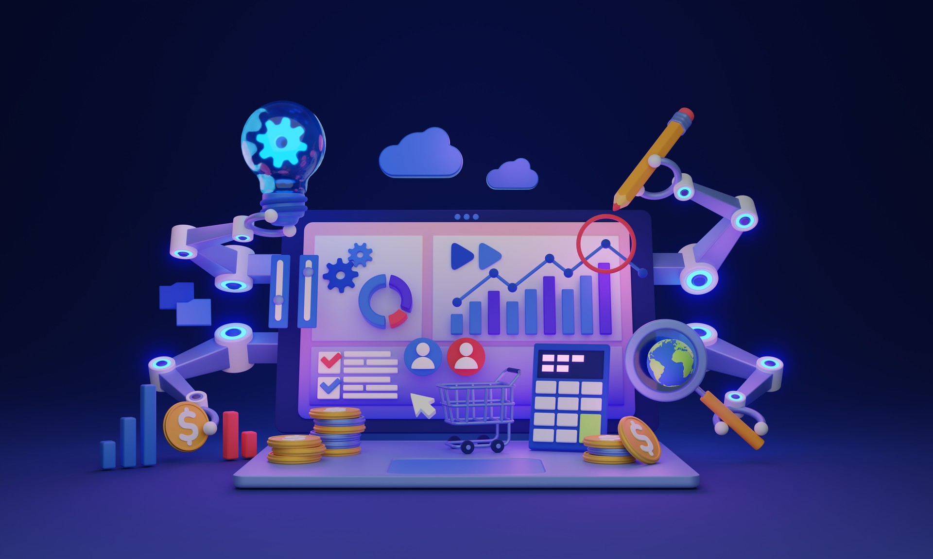 Market research and financial analysis automation 3D illustration concept