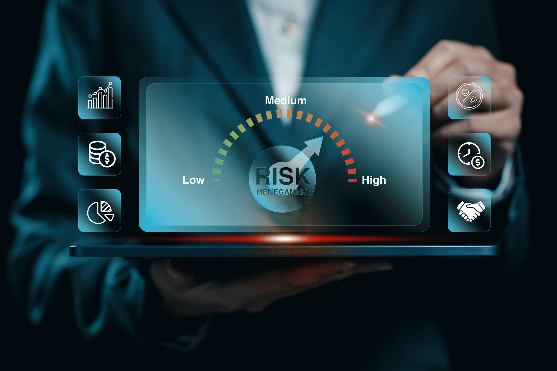 Businessman Analyzing Digital Risk Management Dashboard with Low to High Risk Indicator