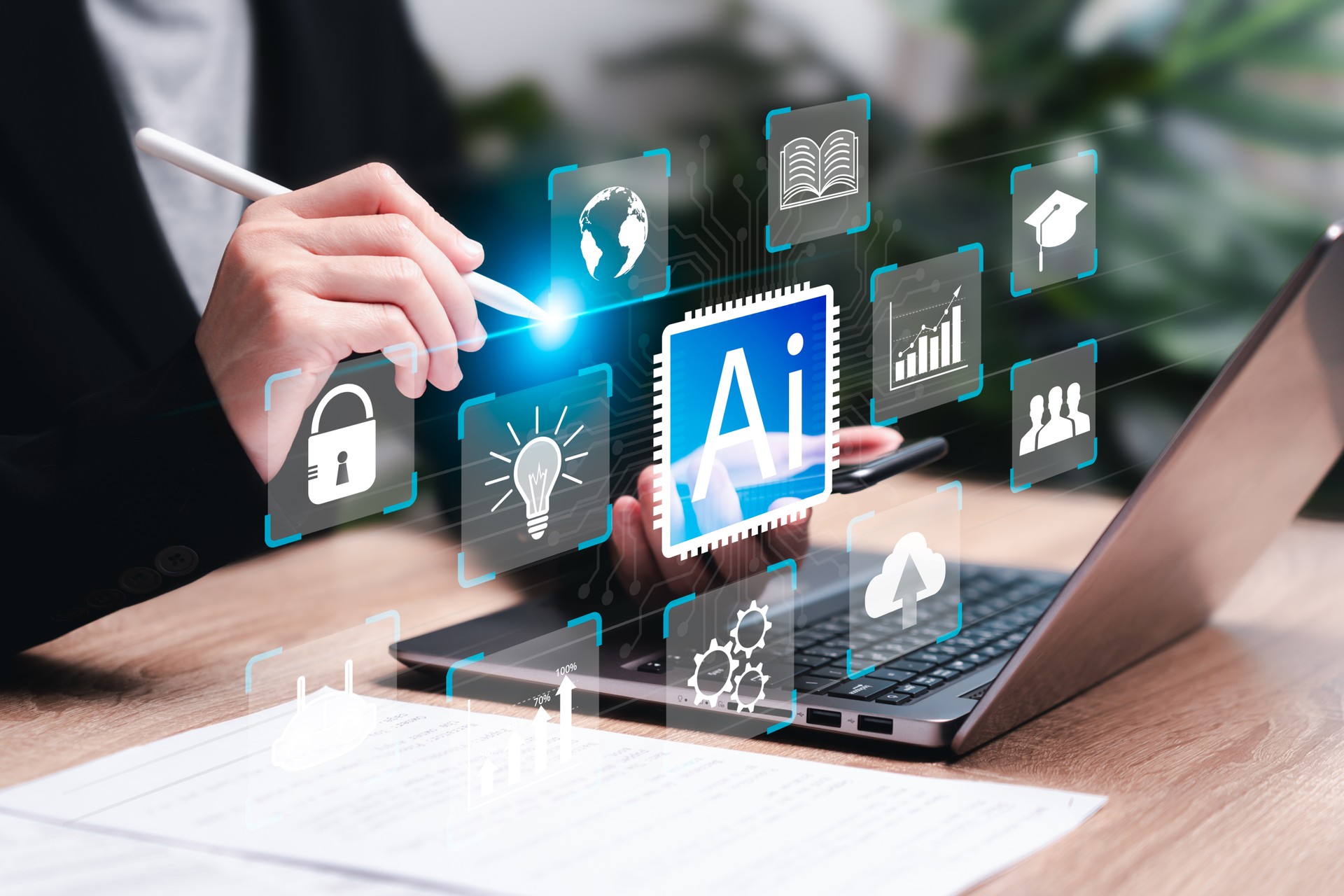 Business and AI, Artificial intelligence technology, and daily life, World technology concept, Businesswomen use laptops with AI application, Modern thinking with technology Help solve work problems.