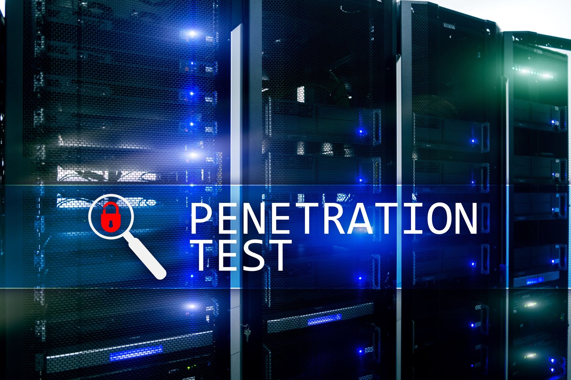 Penetration test. Cybersecurity and data protection. Hacker attack prevention. Futuristic server room on background.